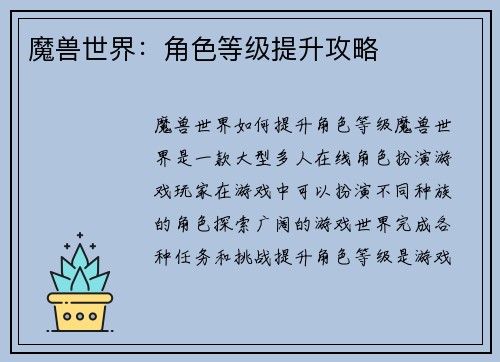 魔兽世界：角色等级提升攻略