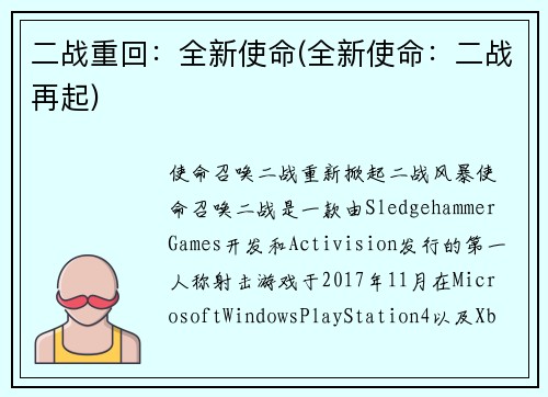 二战重回：全新使命(全新使命：二战再起)